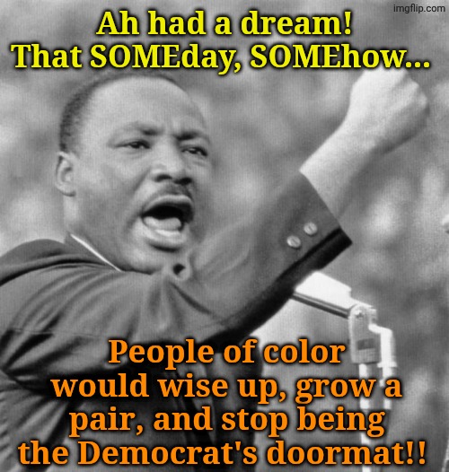 They turned his dream into a nightmare. | Ah had a dream! That SOMEday, SOMEhow... People of color would wise up, grow a pair, and stop being the Democrat's doormat!! | image tagged in i have a dream | made w/ Imgflip meme maker