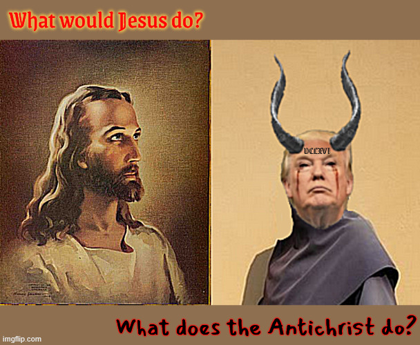 One is the Son of God the other is Satan's minion | What would Jesus do? DCLXVI; What does the Antichrist do? | image tagged in one is the son of god the other is satan's minion,666,mabus,anticrist,the beast,i am legion | made w/ Imgflip meme maker