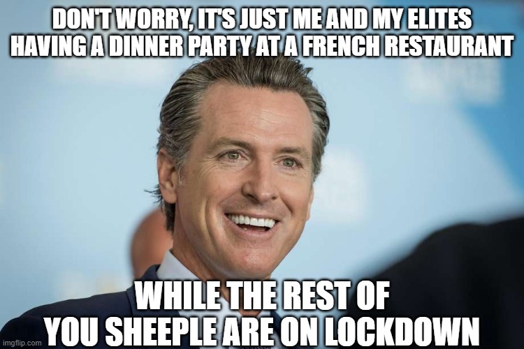 Gavin Newsom | don't worry, it's just me and my elites having a dinner party at a french restaurant while the rest of you sheeple are on lockdown | image tagged in gavin newsom | made w/ Imgflip meme maker