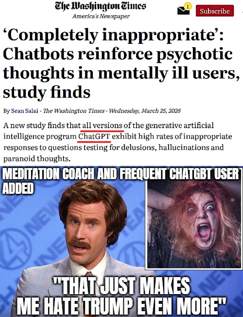 Is Democrat media being outcompeted? | meditation coach and frequent ChatGBT user
added; "That just makes me hate Trump Even more" | image tagged in anchorman news,politics,funny,chatgpt,trump derangement syndrome | made w/ Imgflip meme maker