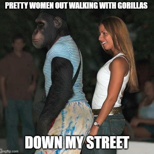 Is She Really Going Out With Him? | pretty women out walking with gorillas; down my street | image tagged in pretty woman,gorilla,joe jackson,something going wrong around here | made w/ Imgflip meme maker