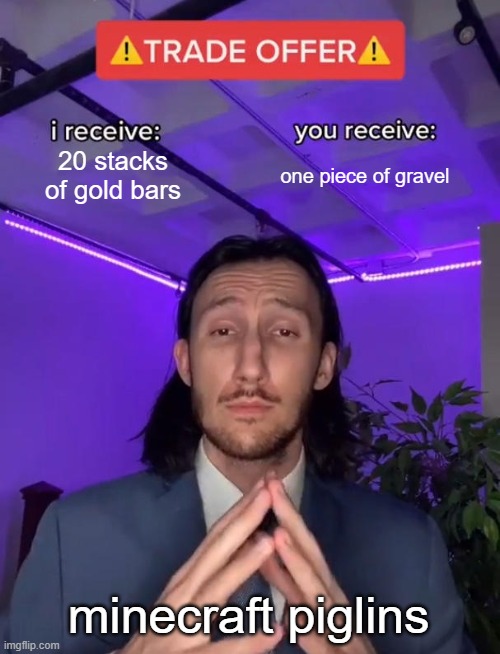 those piglins bruh | 20 stacks of gold bars; one piece of gravel; minecraft piglins | image tagged in trade offer,minecraft memes | made w/ Imgflip meme maker
