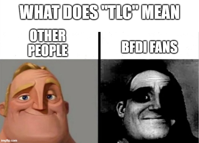 Depends on who you ask | What DOES "TLC" MEAN; OTHER PEOPLE; BFDI FANS | image tagged in memes,mr incredible,mr incredible becoming uncanny,bfdi,teacher's copy | made w/ Imgflip meme maker