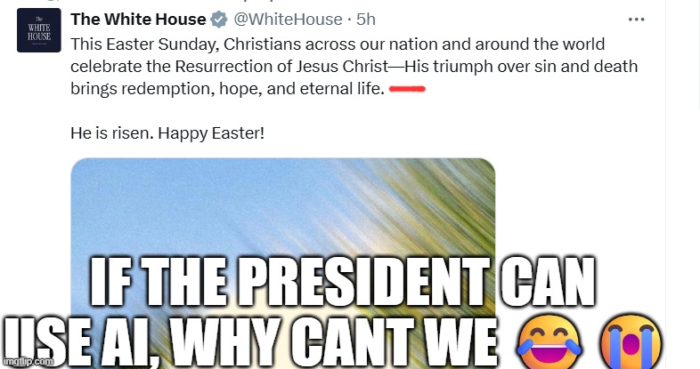 Em dashes = AI atp | if the president can use ai, why cant we 😂😭 | image tagged in fake meme | made w/ Imgflip meme maker