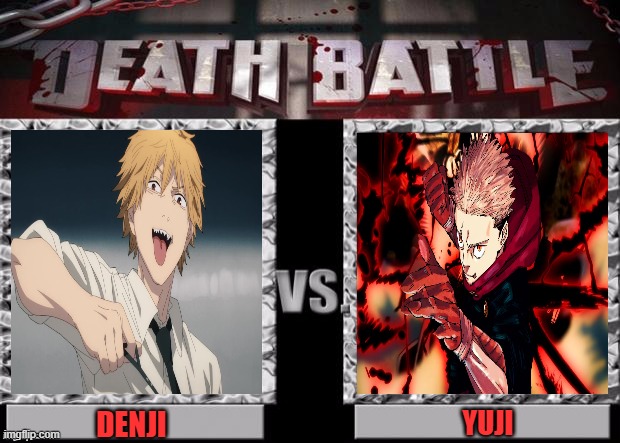 Death Battle Template | Yuji; Denji | image tagged in death battle template,csm,jjk,dark trio,denji,yuji | made w/ Imgflip meme maker