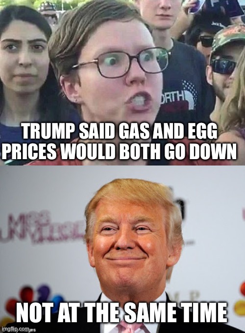 Trump said gas and egg prices would both go down Not at the same time | image tagged in triggered liberal,donald trump approves | made w/ Imgflip meme maker
