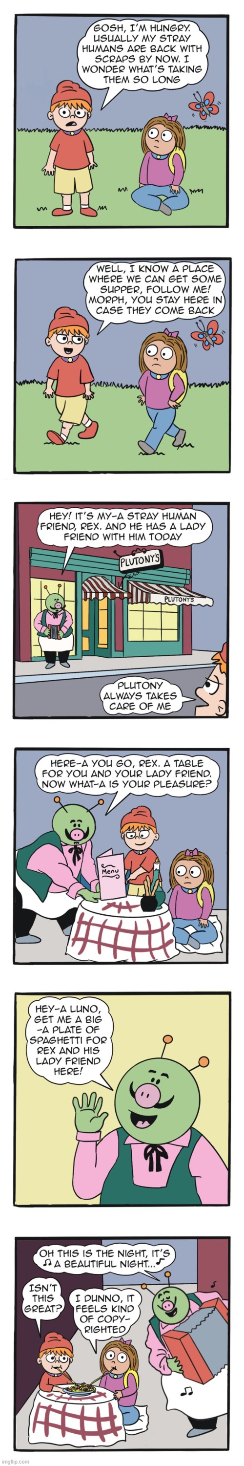 image tagged in humans,sally,rex,restaurant,spaghetti,lady and the tramp | made w/ Imgflip meme maker