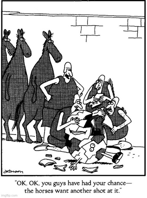 Humpty Dumpty’s final moments… | image tagged in the far side,comics,humpty dumpty,kings horses,kings men,another try | made w/ Imgflip meme maker