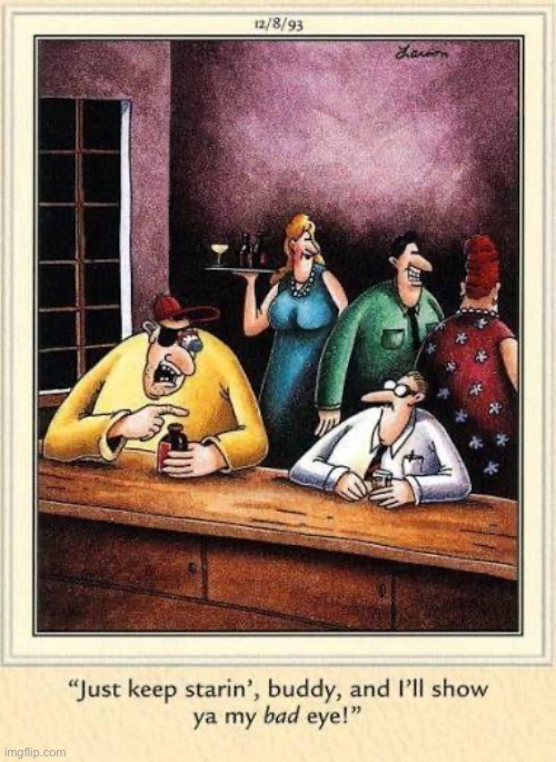 The eyes have it… | image tagged in the far side,comics,bar,staring,eyes,ill show you | made w/ Imgflip meme maker