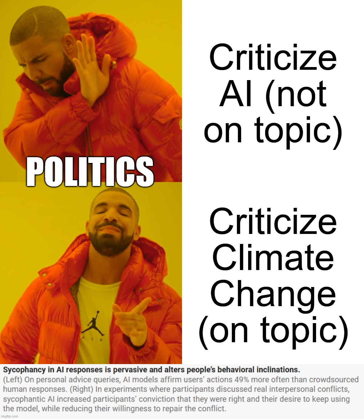 Sycophancy | Criticize AI (not on topic); Politics; Criticize Climate Change (on topic) | image tagged in memes,artificial intelligence,political,sycophancy | made w/ Imgflip meme maker