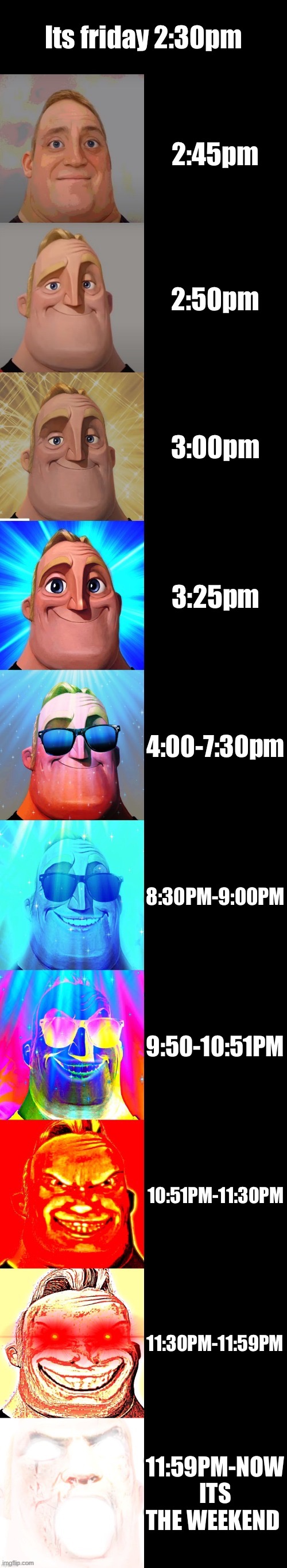 The weekend | Its friday 2:30pm; 2:45pm; 2:50pm; 3:00pm; 3:25pm; 4:00-7:30pm; 8:30pm-9:00pm; 9:50-10:51pm; 10:51pm-11:30pm; 11:30pm-11:59pm; 11:59pm-NOW ITS THE WEEKEND | image tagged in mr incredible becoming canny,weekend | made w/ Imgflip meme maker