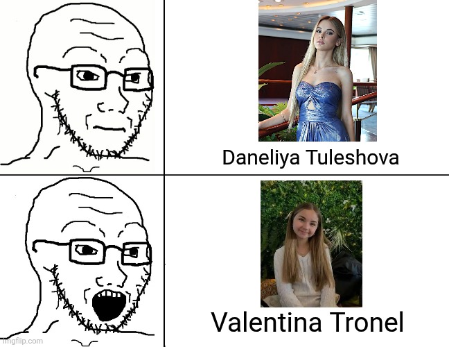 p.s. Happy Birthday to her | Daneliya Tuleshova; Valentina Tronel | image tagged in soyjak reaction,jesc,eurovision,singers,daneliya tuleshova sucks,france | made w/ Imgflip meme maker