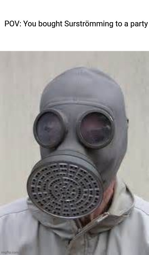 Gas mask | POV: You bought Surströmming to a party | image tagged in gas mask,fish,swedish,horrible,smelly | made w/ Imgflip meme maker