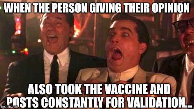 When the person giving their opinion; Also took the vaccine and posts constantly for validation... | made w/ Imgflip meme maker