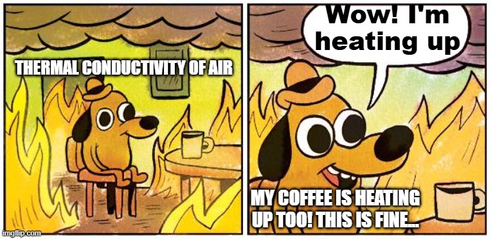 Thermal Conductivity of Air | Wow! I'm
heating up; Thermal conductivity of air; My coffee is heating up too! This is fine... | image tagged in this is fine blank,pchem,thermo,heat transport | made w/ Imgflip meme maker