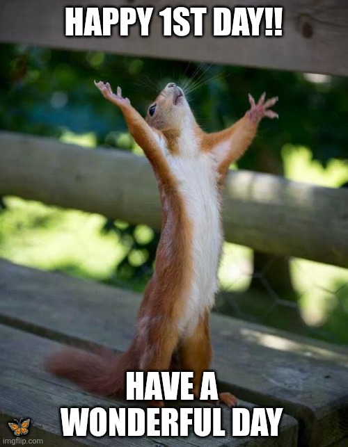 1st day! | Happy 1st Day!! Have a wonderful day; 🦋 | image tagged in happy squirrel | made w/ Imgflip meme maker