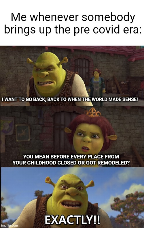 No title | Me whenever somebody brings up the pre covid era:; I want to go back, back to when the world made sense! You mean before every place from your childhood closed or got remodeled? | image tagged in back when the world made sense | made w/ Imgflip meme maker