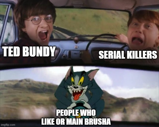 Brusha is now literally my new least favorite toon. | ted bundy; serial killers; people who like or main brusha | image tagged in tom chasing harry and ron weasly | made w/ Imgflip meme maker