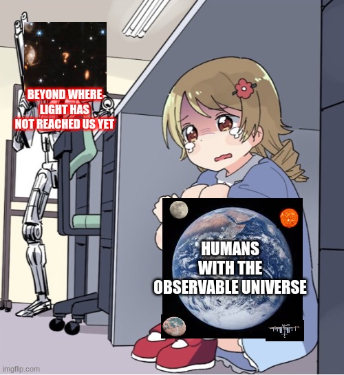 Uhh, hello? Speed of light won't let us see beyond... | Beyond where light has not reached us yet; Humans with the observable universe | image tagged in anime girl hiding from terminator | made w/ Imgflip meme maker