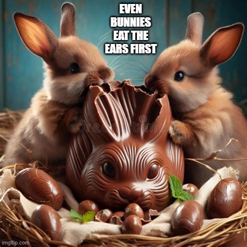 Even Easter bunnies eat the chocolate ears first. | even bunnies eat the ears first | image tagged in funny humor,easter,easter bunny,chocolate,bunny,rabbit | made w/ Imgflip meme maker