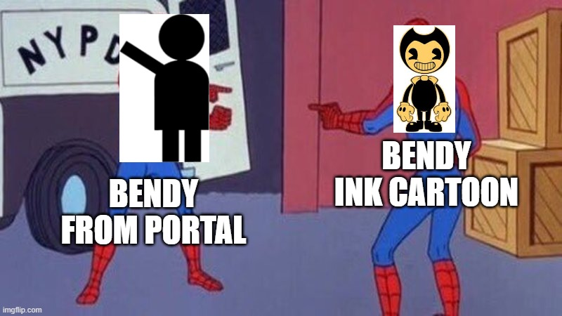 bendy or bendy | bendy ink cartoon; bendy from portal | image tagged in spiderman pointing at spiderman,portal,bendy | made w/ Imgflip meme maker
