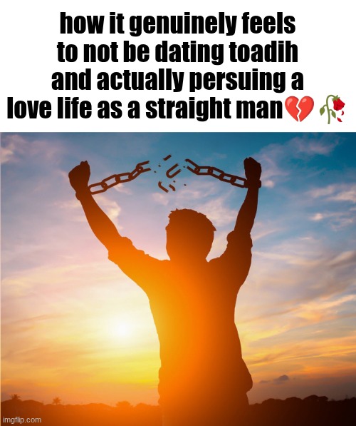 I am healing as a person | how it genuinely feels to not be dating toadih and actually persuing a love life as a straight man💔🥀 | image tagged in man breaking free from chains over the sunset | made w/ Imgflip meme maker