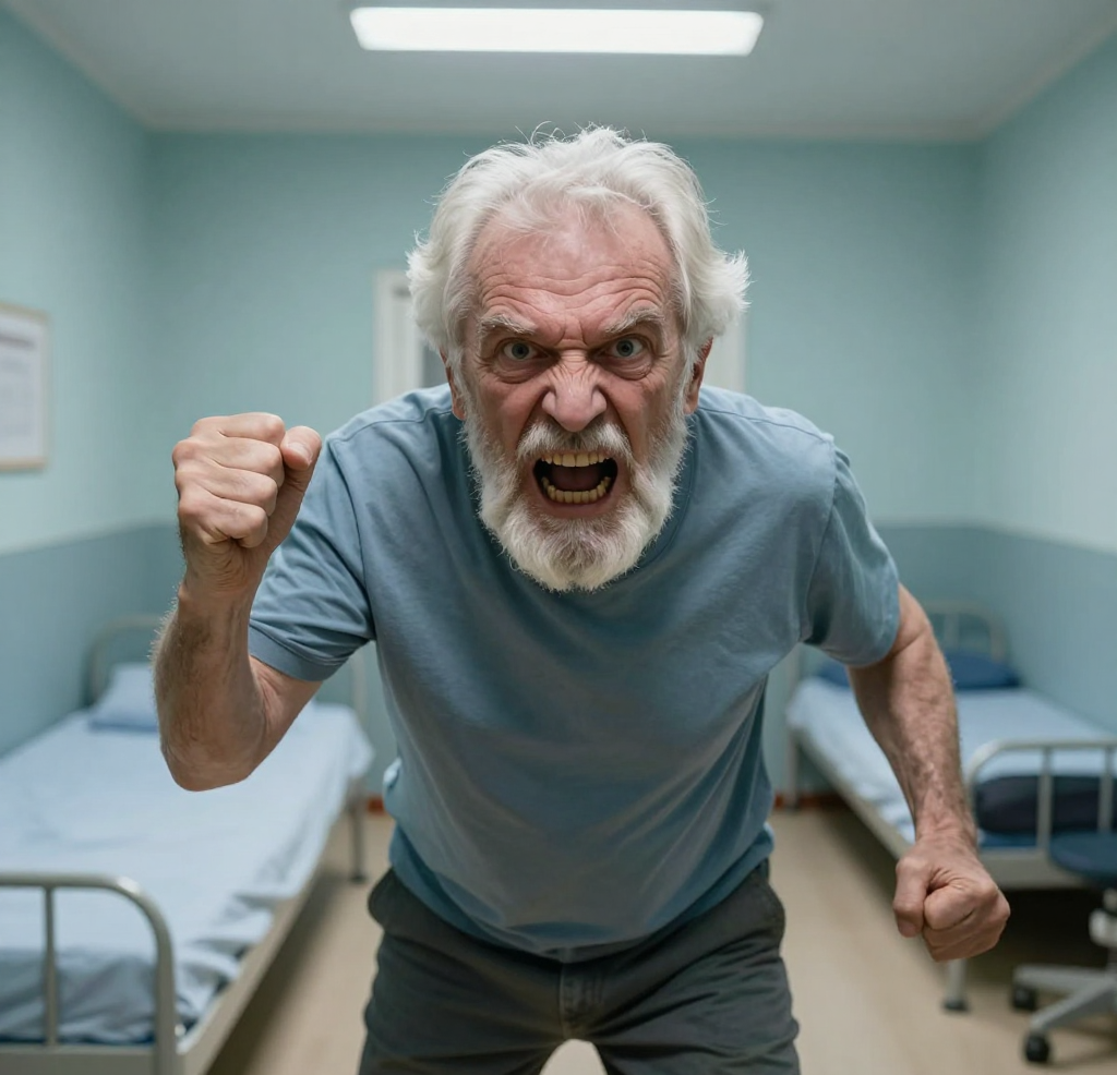Crazy old man in mental facility hospital rage raging angry Blank Meme Template