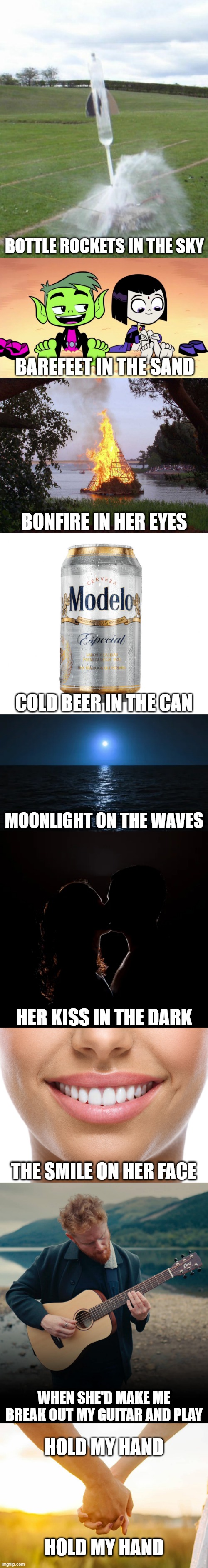 Bottle Rockets | Bottle rockets in the sky; Barefeet in the sand; Bonfire in her eyes; Cold beer in the can; Moonlight on the waves; Her kiss in the dark; The smile on her face; When she'd make me break out my guitar and play; Hold my hand; Hold my hand | image tagged in scott mccreery,bottle rockets,music,country,country music,hottie and the blowfish | made w/ Imgflip meme maker