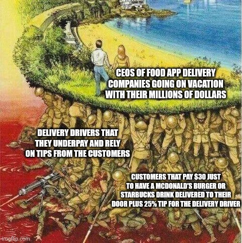 Food delivery app CEOs make millions off overcharging customers and underpaying workers | Ceos of food app delivery companies going on vacation with their millions of dollars; Delivery drivers that they underpay and rely on tips from the customers; Customers that pay $30 just to have a McDonald's burger or Starbucks drink delivered to their door plus 25% tip for the delivery driver | image tagged in soldiers hold up society,uber,food,doordash,corporate greed | made w/ Imgflip meme maker