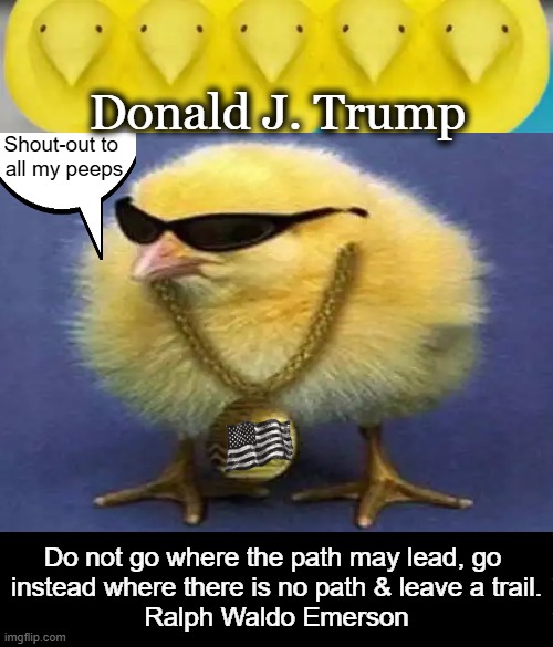 G.O.A.T. | Donald J. Trump; Shout-out to 
all my peeps; Do not go where the path may lead, go 
instead where there is no path & leave a trail.

Ralph Waldo Emerson | image tagged in make america great again,proud to be an american,he's right you know,liberals vs conservatives,donald trump,strength | made w/ Imgflip meme maker