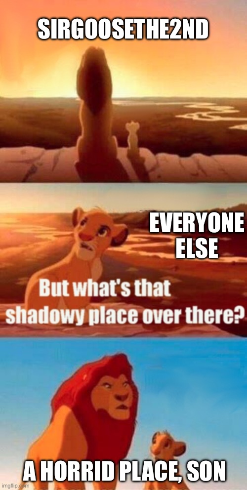 This is a memory of a great imgflipper I was buddies with… sirgoosethe2nd will live on in our hearts | Sirgoosethe2nd; Everyone else; A horrid place, son | image tagged in memes,simba shadowy place | made w/ Imgflip meme maker