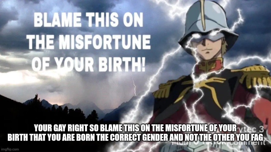 Your gay right so blame this on the misfortune of your birth that you are born the correct gender and not the other you fag | image tagged in blame this on the misfortune of your birth | made w/ Imgflip meme maker
