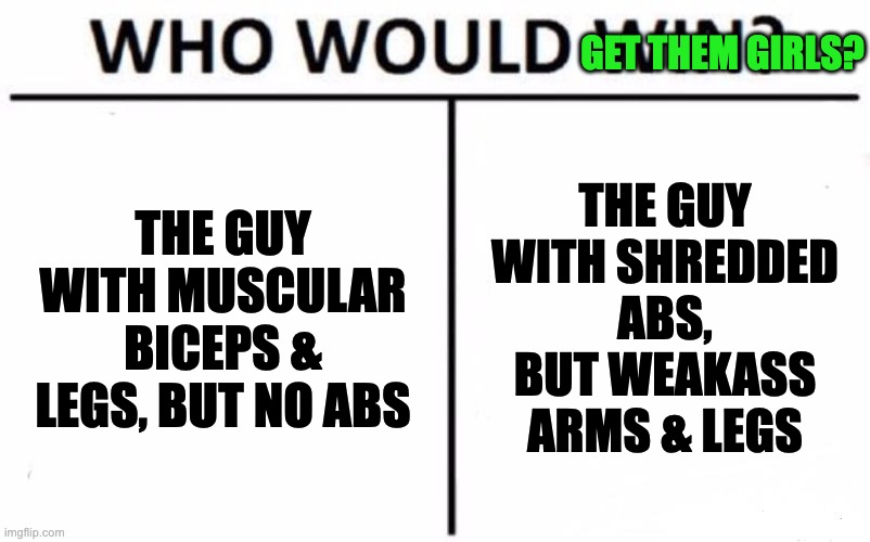 be for real yall | get them girls? the guy with shredded abs, but weakass arms & legs; the guy with muscular biceps & legs, but no abs | image tagged in memes,who would win,gym,fun | made w/ Imgflip meme maker
