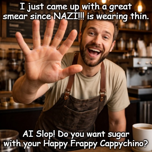 AI driven | I just came up with a great smear since NAZI!!! is wearing thin. AI Slop! Do you want sugar with your Happy Frappy Cappychino? | image tagged in ai driven | made w/ Imgflip meme maker