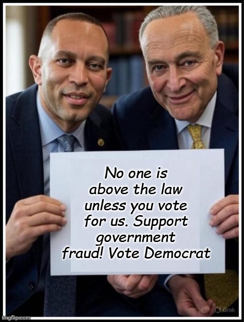 And while we're at it we'll subsidize crime! | No one is above the law unless you vote for us. Support government fraud! Vote Democrat | image tagged in hakeem jeffries chuck schumer sign | made w/ Imgflip meme maker