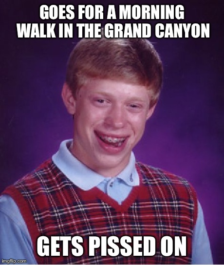 Bad Luck Brian | GOES FOR A MORNING WALK IN THE GRAND CANYON GETS PISSED ON | image tagged in memes,bad luck brian,AdviceAnimals | made w/ Imgflip meme maker