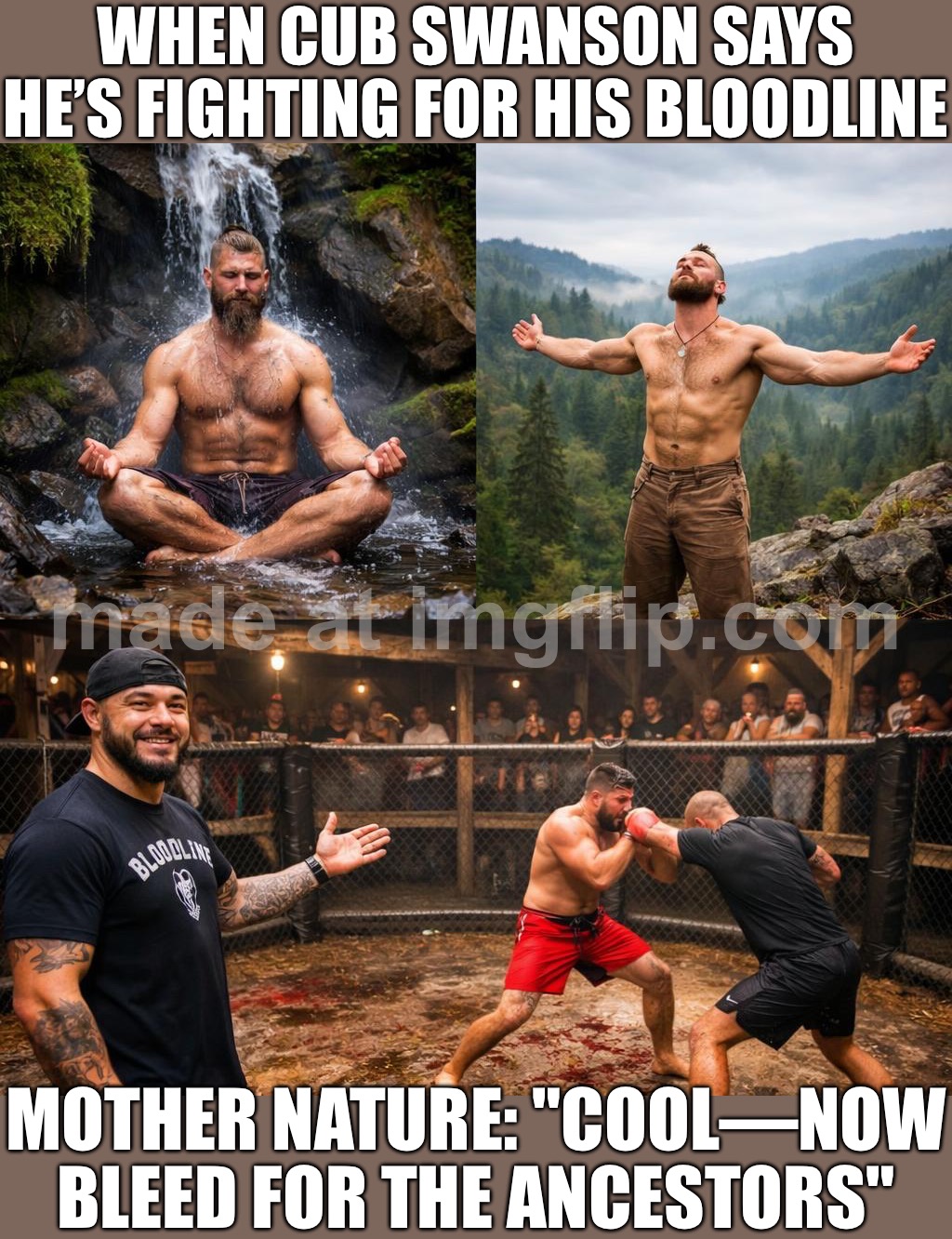 UFC 327 Embedded: Cub Swanson says it’s in his bloodline…; Me: Cool. My bloodline gave me anxiety and a bad knee. | WHEN CUB SWANSON SAYS HE’S FIGHTING FOR HIS BLOODLINE; MOTHER NATURE: "COOL—NOW BLEED FOR THE ANCESTORS" | image tagged in ufc 327,remix,genetics,ufc,blood,mother nature | made w/ Imgflip meme maker