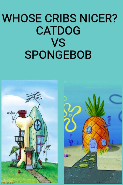 Vote in comments | Whose cribs nicer?
Catdog 
vs 
SpongeBob | image tagged in spongebob,catdog,battle,vote | made w/ Imgflip meme maker