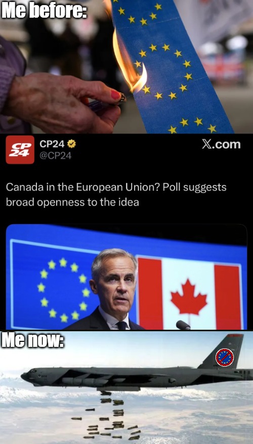 That would be a serious disaster to EU countries. But per definition a huge boner to the EU | Me before:; Me now: | image tagged in european union,canada,politics,globalism | made w/ Imgflip meme maker
