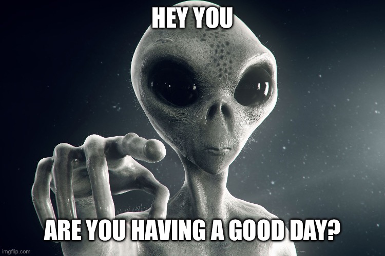 Alien Pointing | Hey you; Are you having a good day? | image tagged in alien pointing | made w/ Imgflip meme maker