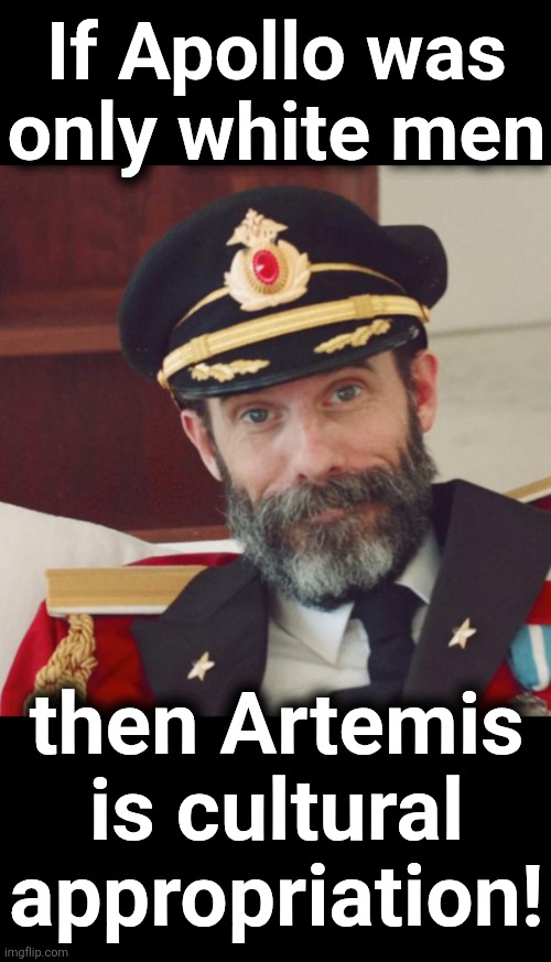 If Apollo was
only white men; then Artemis
is cultural
appropriation! | image tagged in captain obvious,apollo,artemis,moon,memes,mission | made w/ Imgflip meme maker