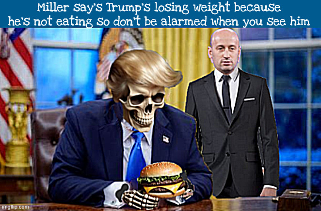 Steven Miller is making sure Trump gets his meals | Miller say's Trump's losing weight because he's not eating so don't be alarmed when you see him | image tagged in steven miller is making sure trump gets his meals,trump lost some weight,hamberder,not true trump's not skin and bones | made w/ Imgflip meme maker