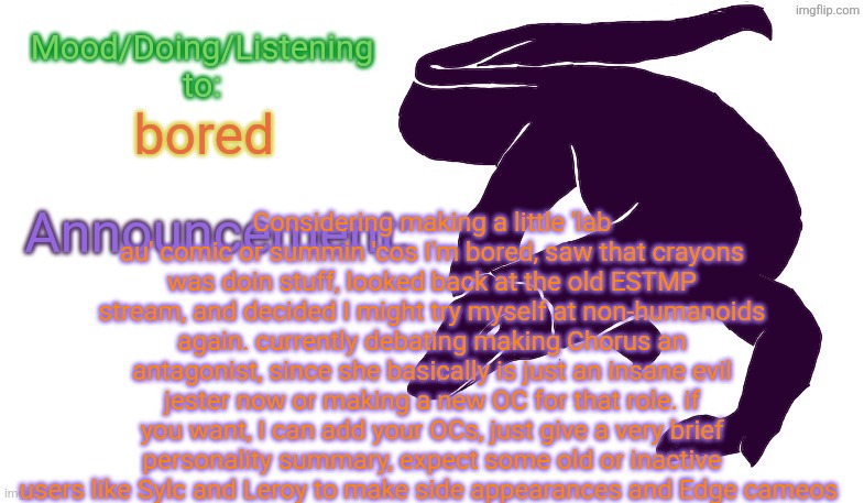 DONT LOOK AT ME, I REALLY MADE A MESS OUTTA THINGS, I DONT WANNA BE YOUR LATEST MISTAKEEEE | Considering making a little 'lab au' comic or summin 'cos I'm bored, saw that crayons was doin stuff, looked back at the old ESTMP stream, and decided I might try myself at non-humanoids again. currently debating making Chorus an antagonist, since she basically is just an insane evil jester now or making a new OC for that role. if you want, I can add your OCs, just give a very brief personality summary, expect some old or inactive users like Sylc and Leroy to make side appearances and Edge cameos; bored | image tagged in violet monitor anno temp | made w/ Imgflip meme maker
