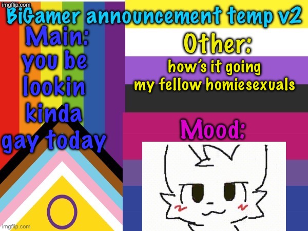 hello | you be lookin kinda gay today; how’s it going my fellow homiesexuals | image tagged in bigamer announcement temp v2 | made w/ Imgflip meme maker