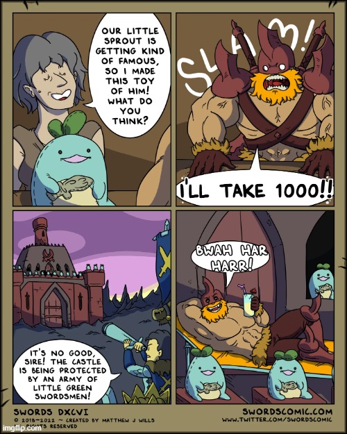 Quest Sprout becomes a marketable plushie | image tagged in swords,sprout,quest,toy,plushie,army | made w/ Imgflip meme maker