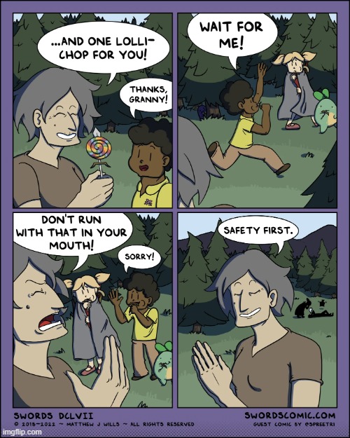 Some tasty lollichops! | IDK when these episodes took place, so I'm posting them now just to get them out of the way. | image tagged in swords,granny,lollipops,death,sprout,quest | made w/ Imgflip meme maker