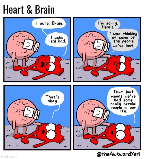 Heartache | Heart & Brain | image tagged in comics,the awkward yeti,heart and brain,lost loved ones,heartache,special people | made w/ Imgflip meme maker