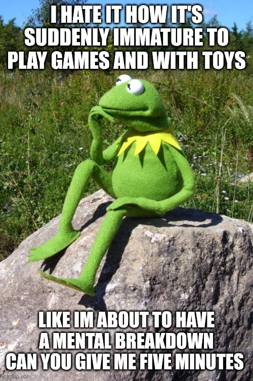 I hate ts | I hate it how it's suddenly immature to play games and with toys; Like im about to have a mental breakdown can you give me five minutes | image tagged in kermit-thinking | made w/ Imgflip meme maker