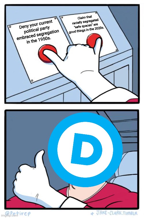 segregation | Claim that
racially segregated
"safe spaces" are
good things in the 2020s. Deny your current
political party
embraced segregation
in the 1950s. | image tagged in both buttons pressed,political meme | made w/ Imgflip meme maker
