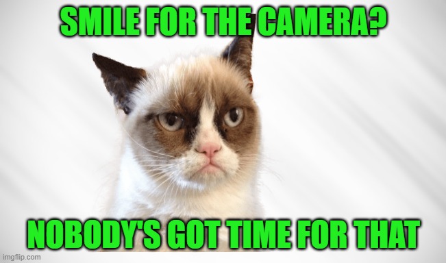 Grumpy Cat Comes Clean | smile for the camera? nobody's got time for that | image tagged in memes,grumpy cat,smile,no time | made w/ Imgflip meme maker